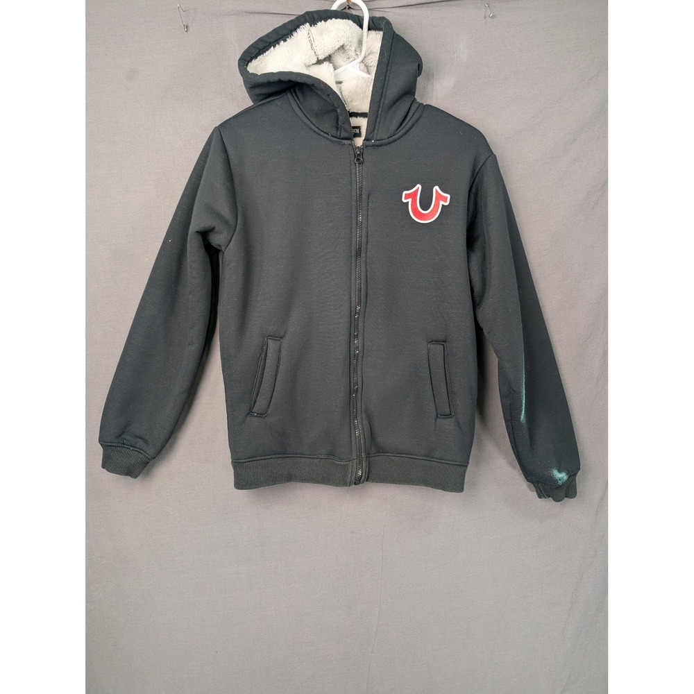 True Religion Mens Sherpa Lined Full Zip Hoodie Black Medium Logo Graphic